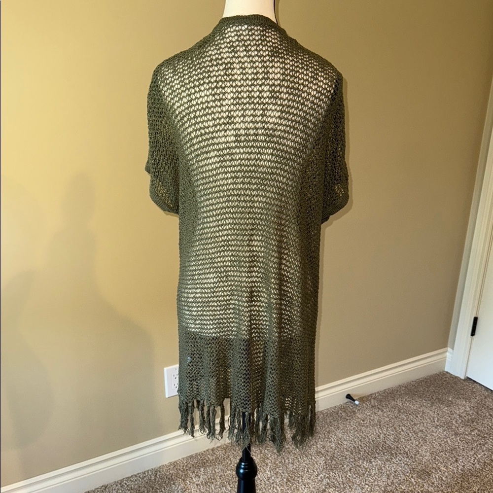 Warehouse One Vest Lagenlook Fringe Knit Long Olive Green Women's Size L - Picture 5 of 9